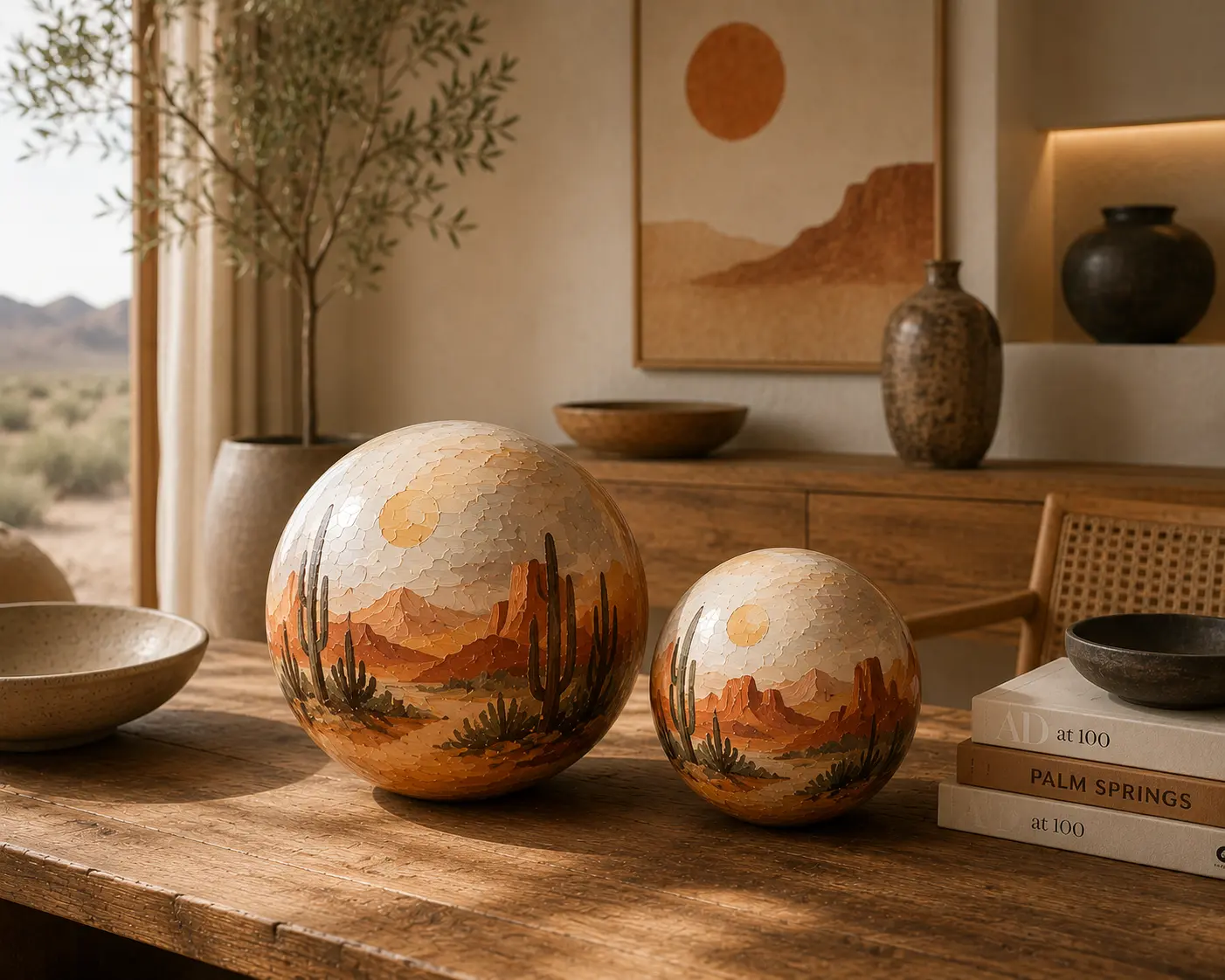 Beschilderde Paintabol met warme aardetinten en woestijnlandschap op een houten dressoir