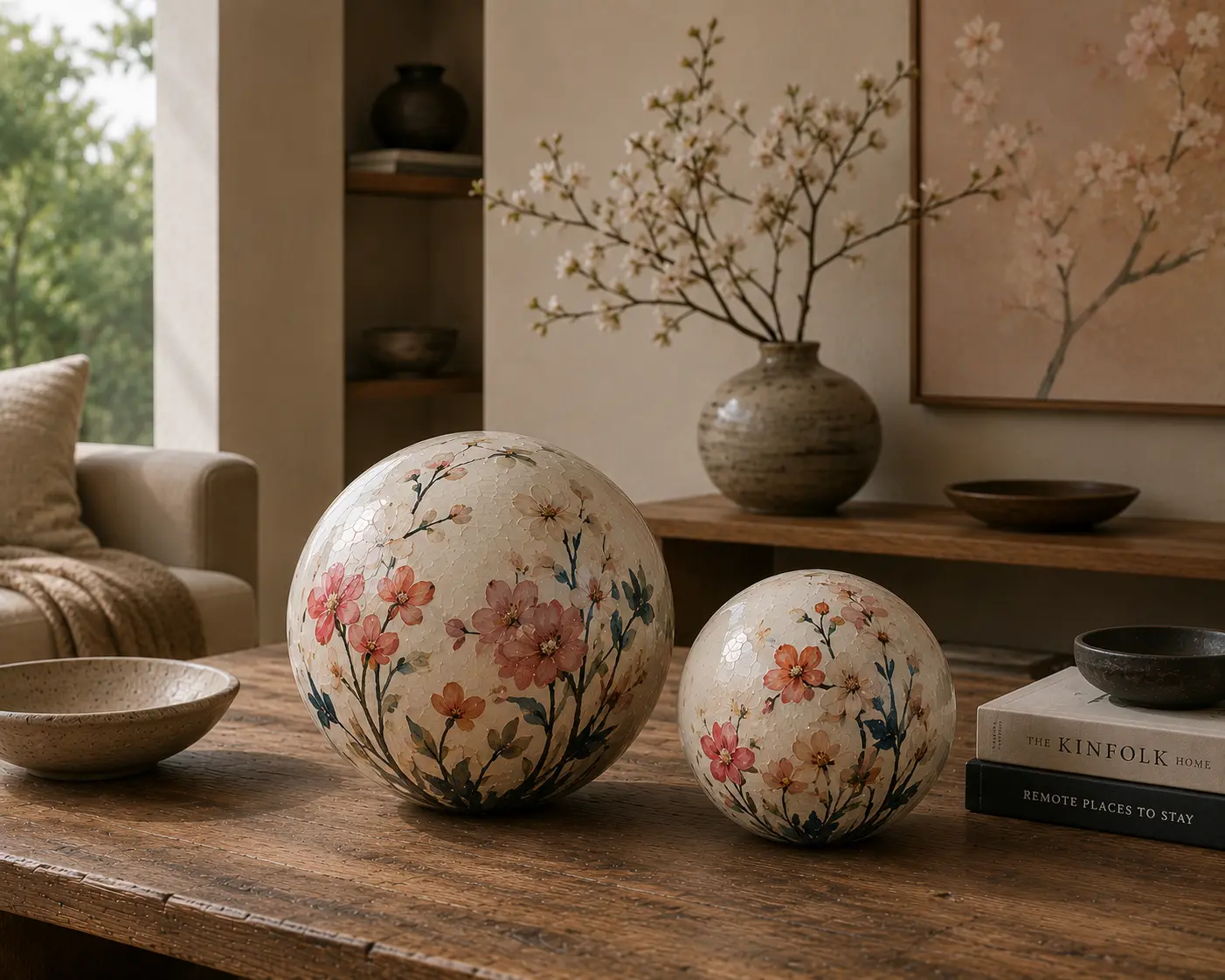 Twee beschilderde Paintabollen met bloemmotief op een houten salontafel in een licht interieur