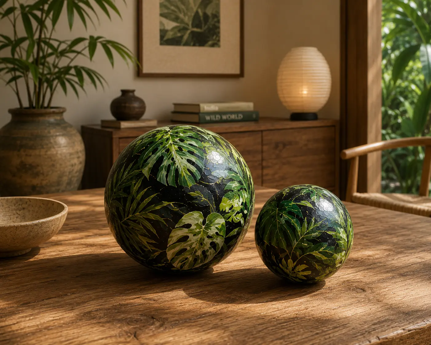 Twee Paintabollen met groene bladpatronen op een houten tafel
