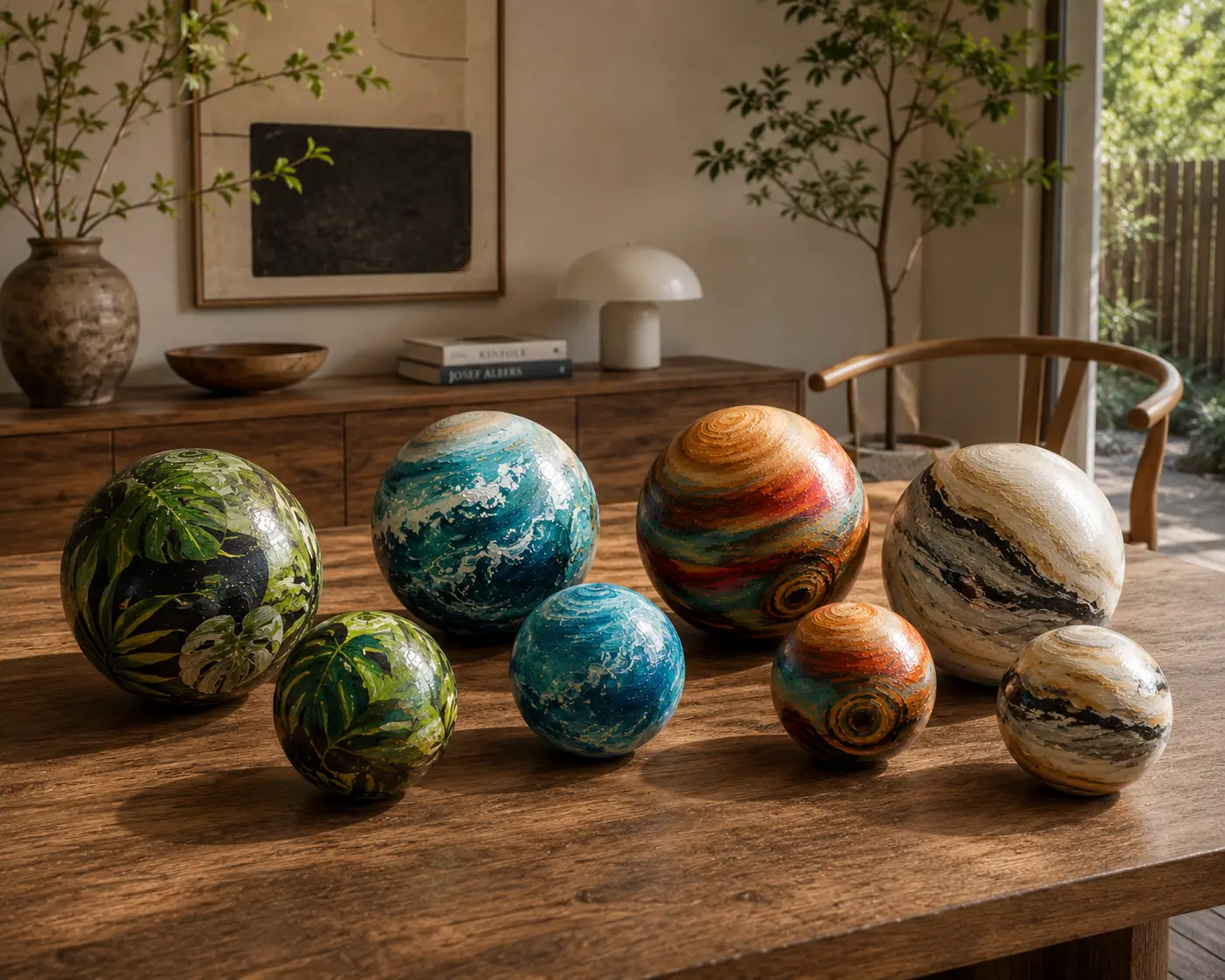 Verschillende beschilderde Paintabollen samen gepresenteerd op een houten tafel
