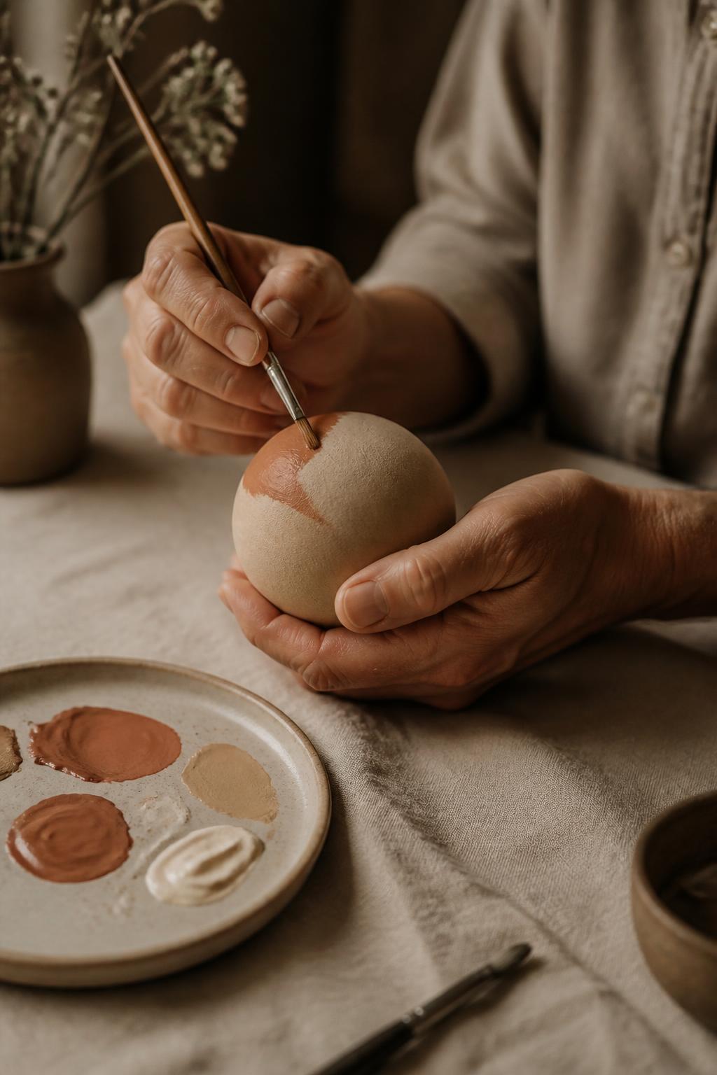 Handen die rustig een houten Paintabol beschilderen met warme acrylverf